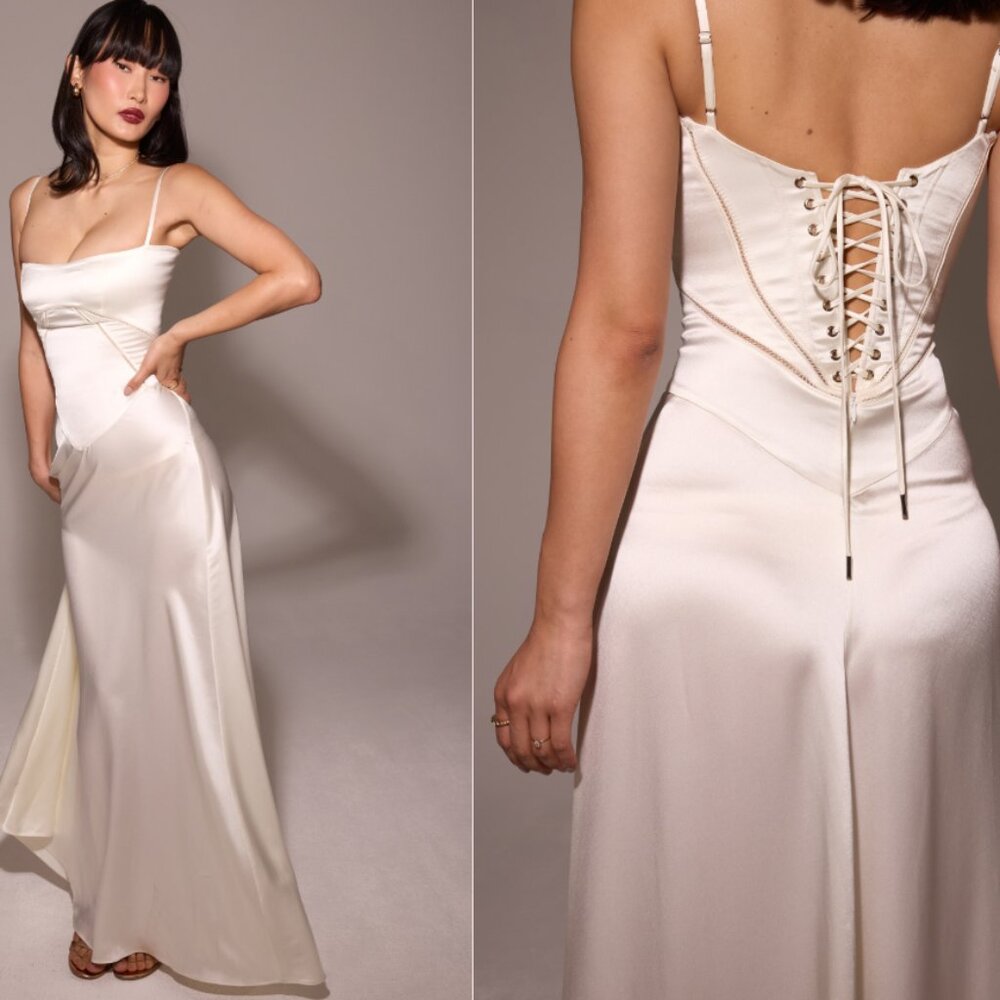 House of CB 'Anabella' Ivory Satin Lace Up Maxi Dress NWOT